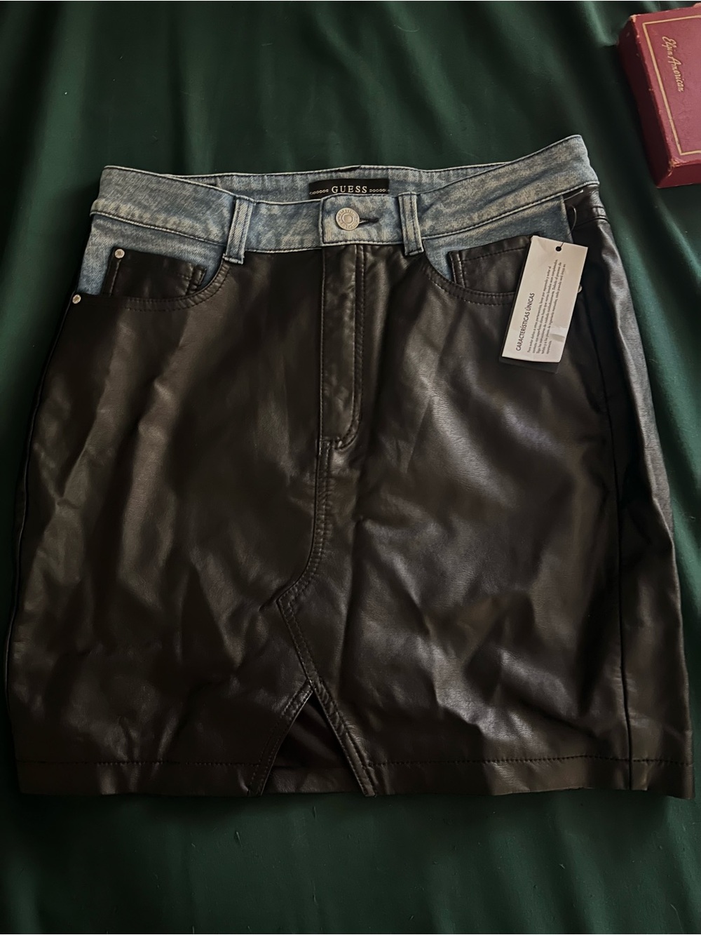 GUESS Black Faux Leather Mini Skirt with Light Wash Denim Waistband